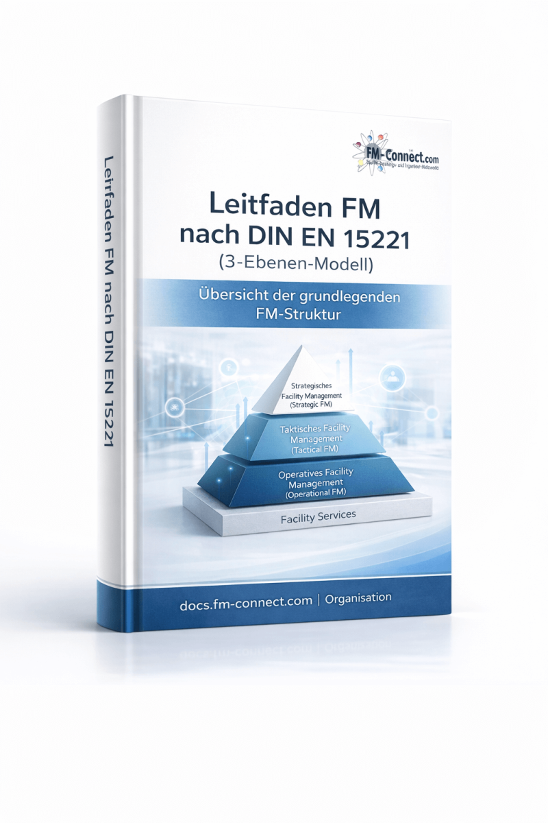 Cover des Leitfadens Facility Management nach DIN EN 15221 als strukturierte Grundlage zum Drei Ebenen Modell im FM